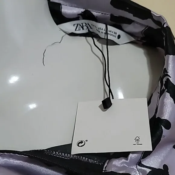 Zara Satin Effect Black and Lilac Dress Sz Large - Picture 8 of 8